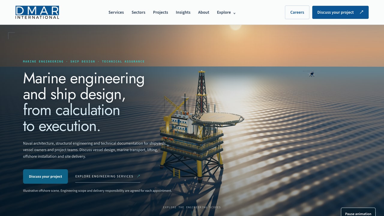 Current DMAR International website with a marine engineering and ship design headline over an offshore scene