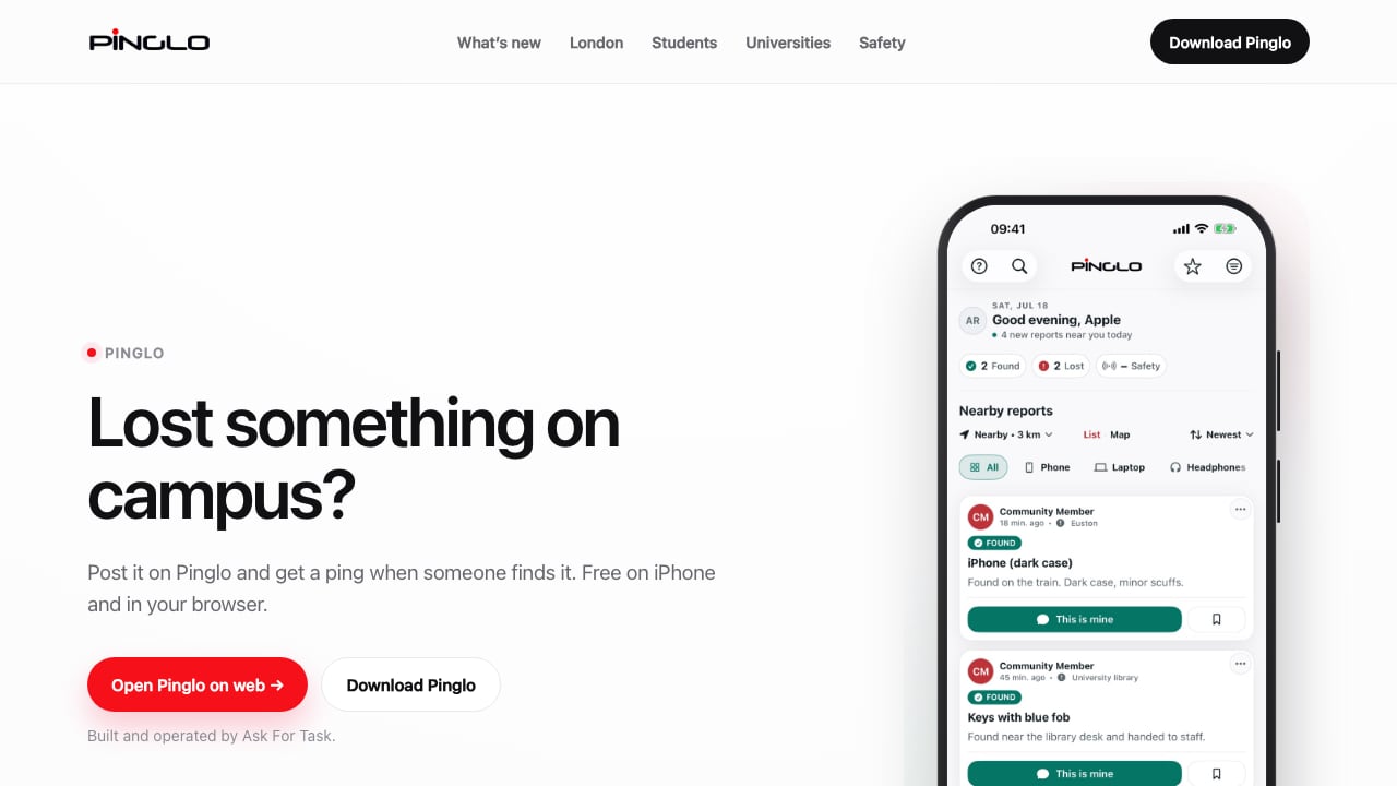 Current Pinglo website showing the live lost-and-found product on iPhone and web